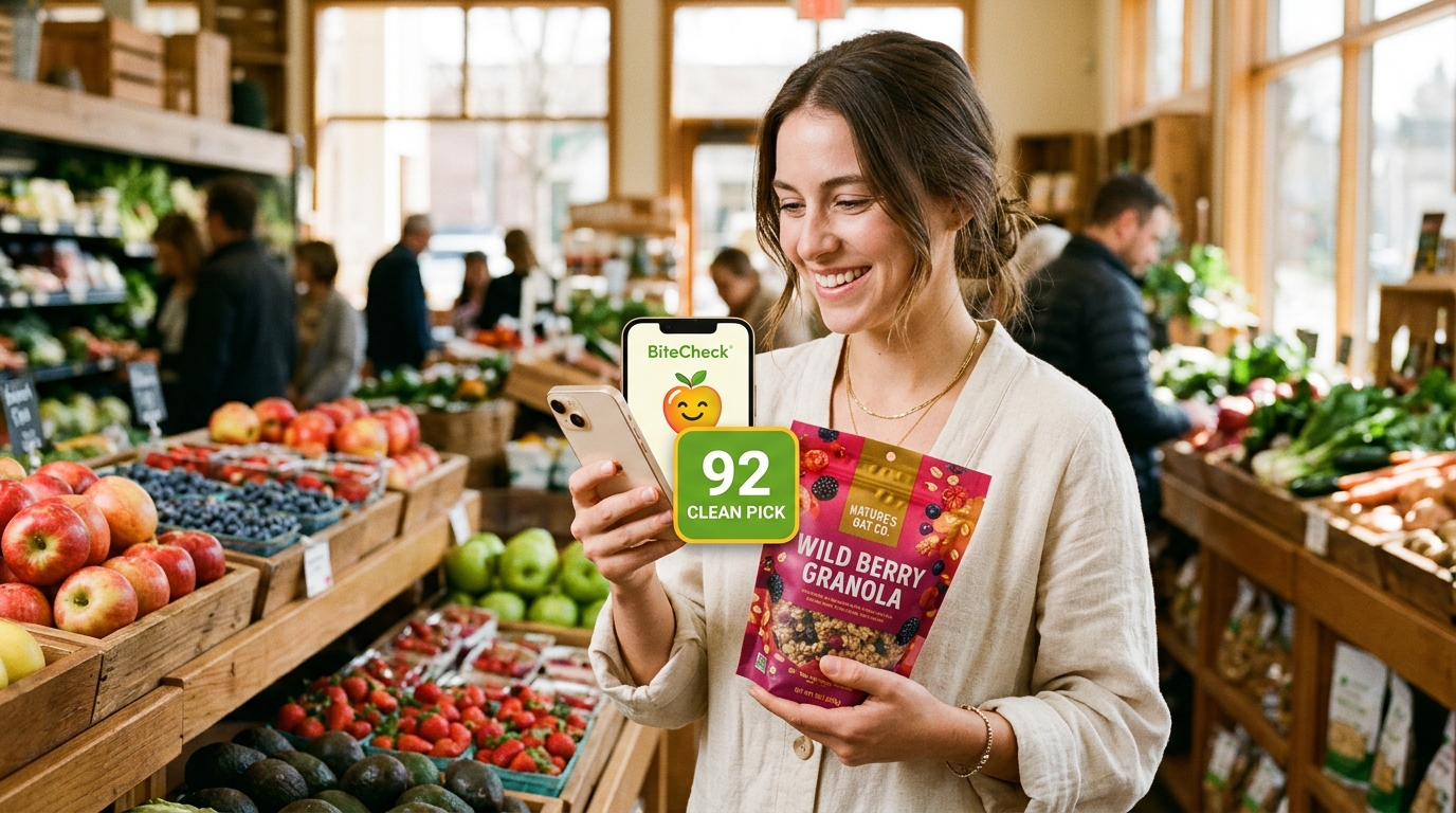 Happy grocery shopper scanning food package ingredients with BiteCheck in a supermarket