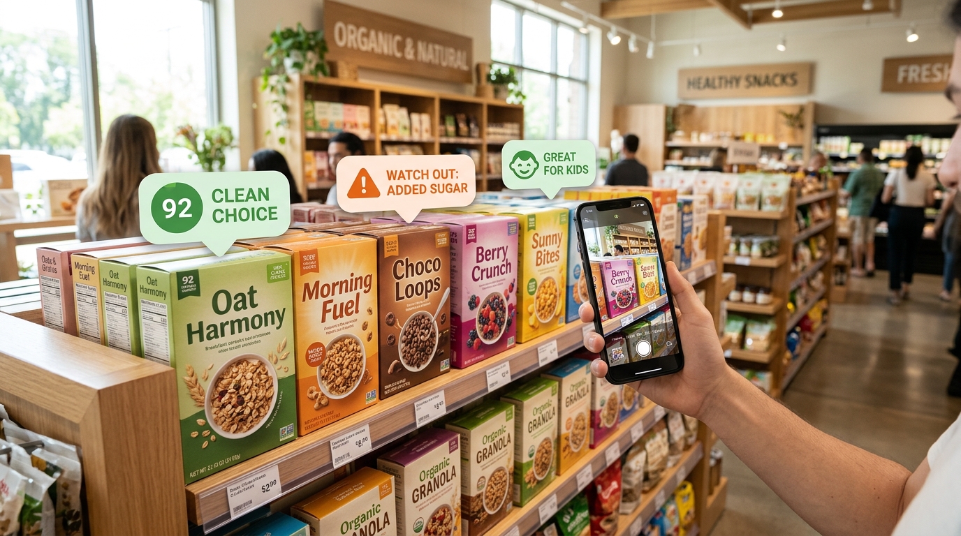 Shopper in a grocery store aisle scanning cereal boxes with BiteCheck floating green and amber health badges